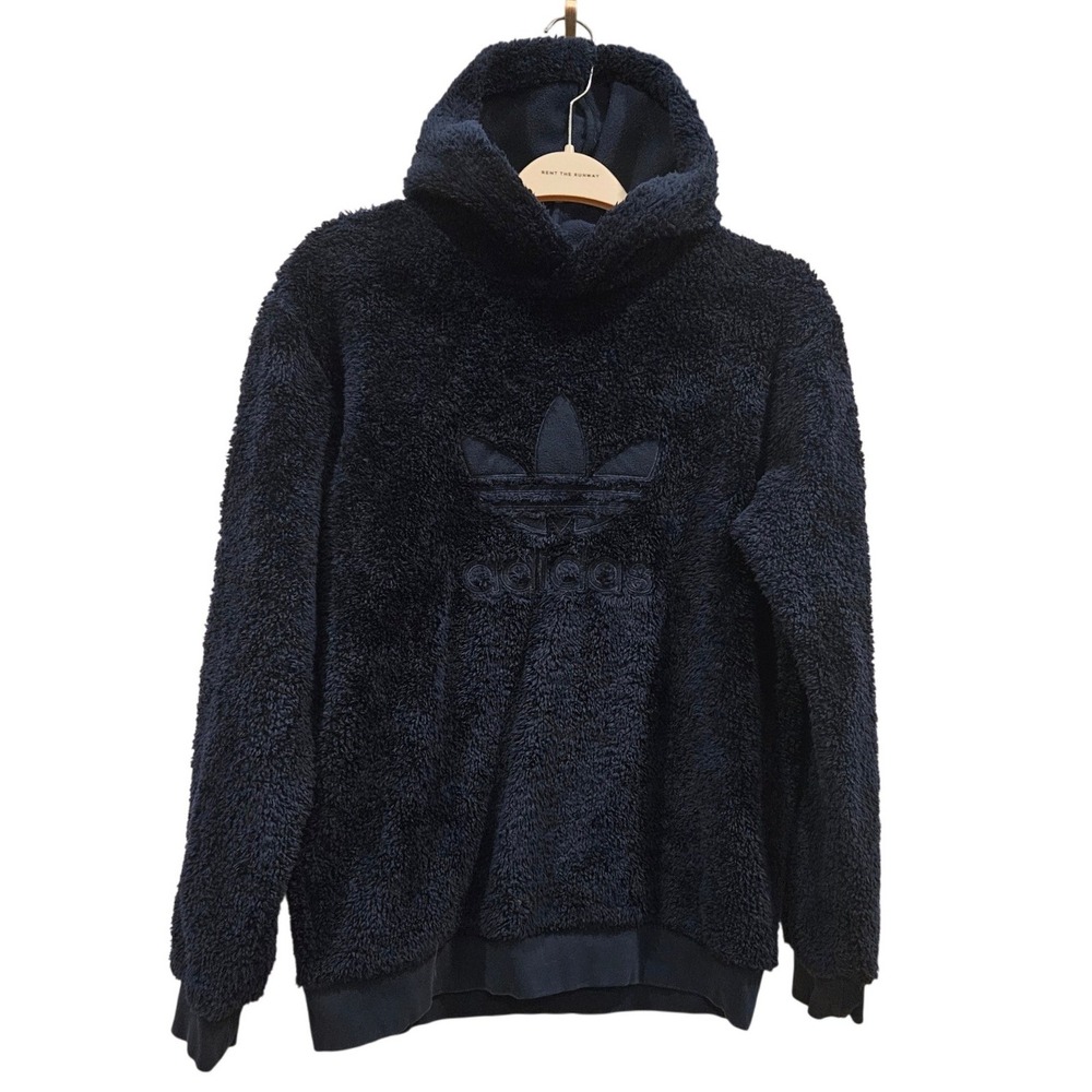 Adidas Originals Mens Sherpa Fleece Hoodie Navy Blue Trefoil Logo Pullover Small